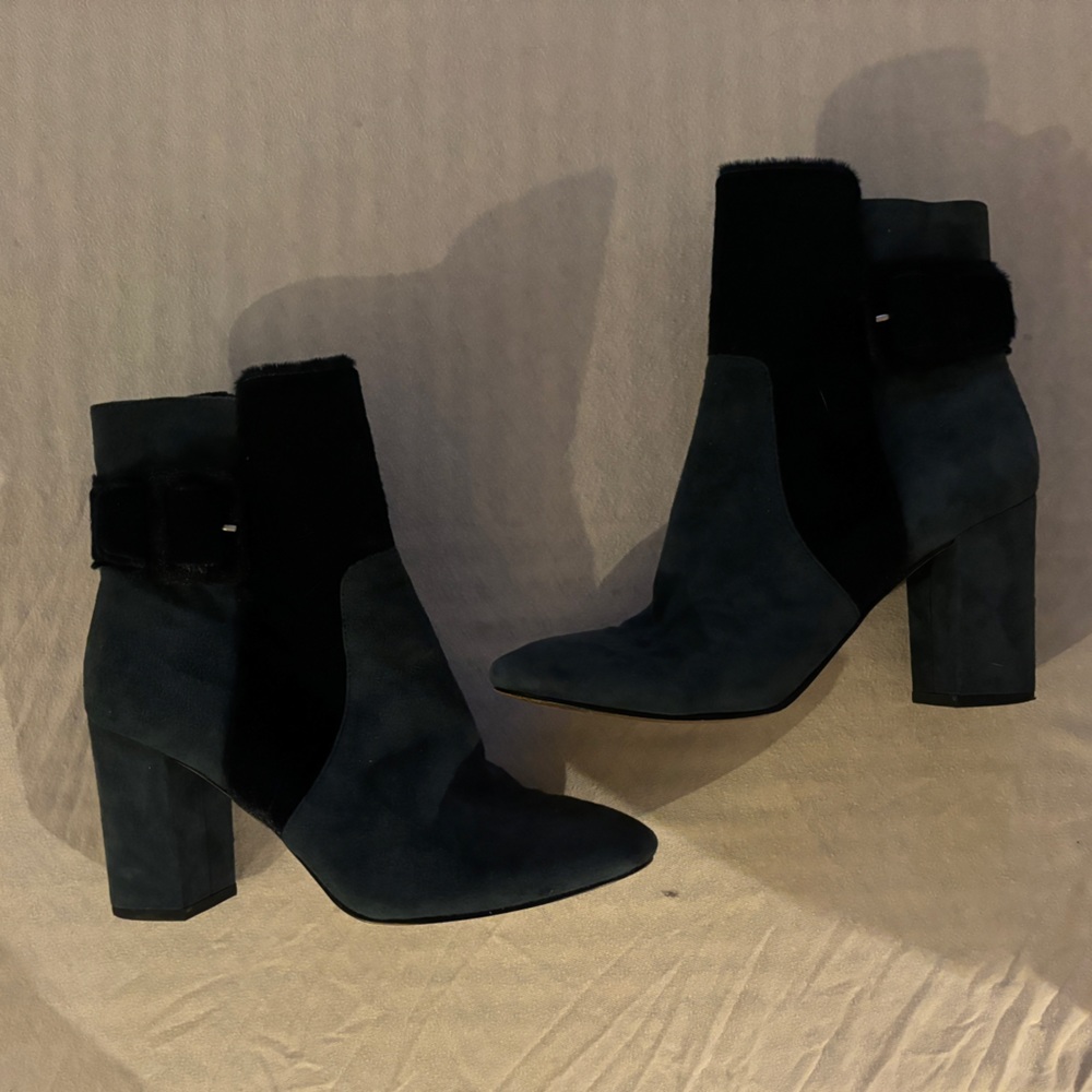 Color block heeled velvet booties